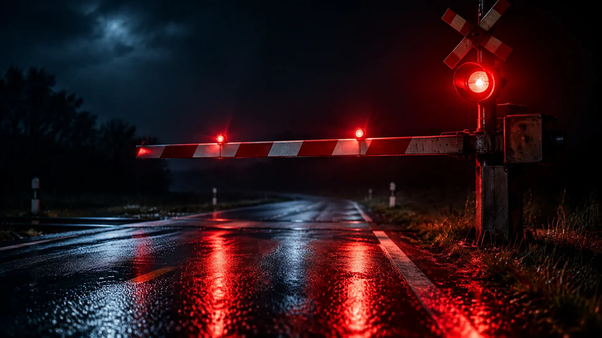 Bahnschranke senkt sich über eine leere nächtliche Landstraße, rotes Blinklicht spiegelt sich im nassen Asphalt