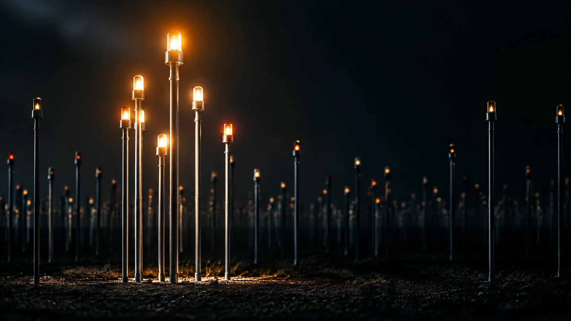 Feld aus hunderten schlanken Metallmasten bei Nacht, auf jedem sitzt eine kleine Signalleuchte, eine Handvoll Masten im Vordergrund leuchtet deutlich heller als alle übrigen