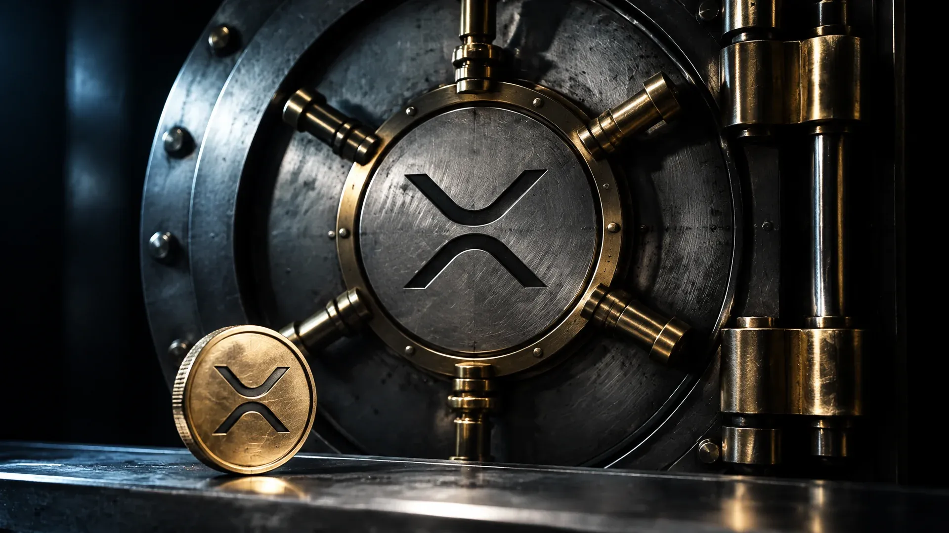 Porte de coffre-fort à verrou temporisé gravée du symbole XRP, une pièce XRP au premier plan