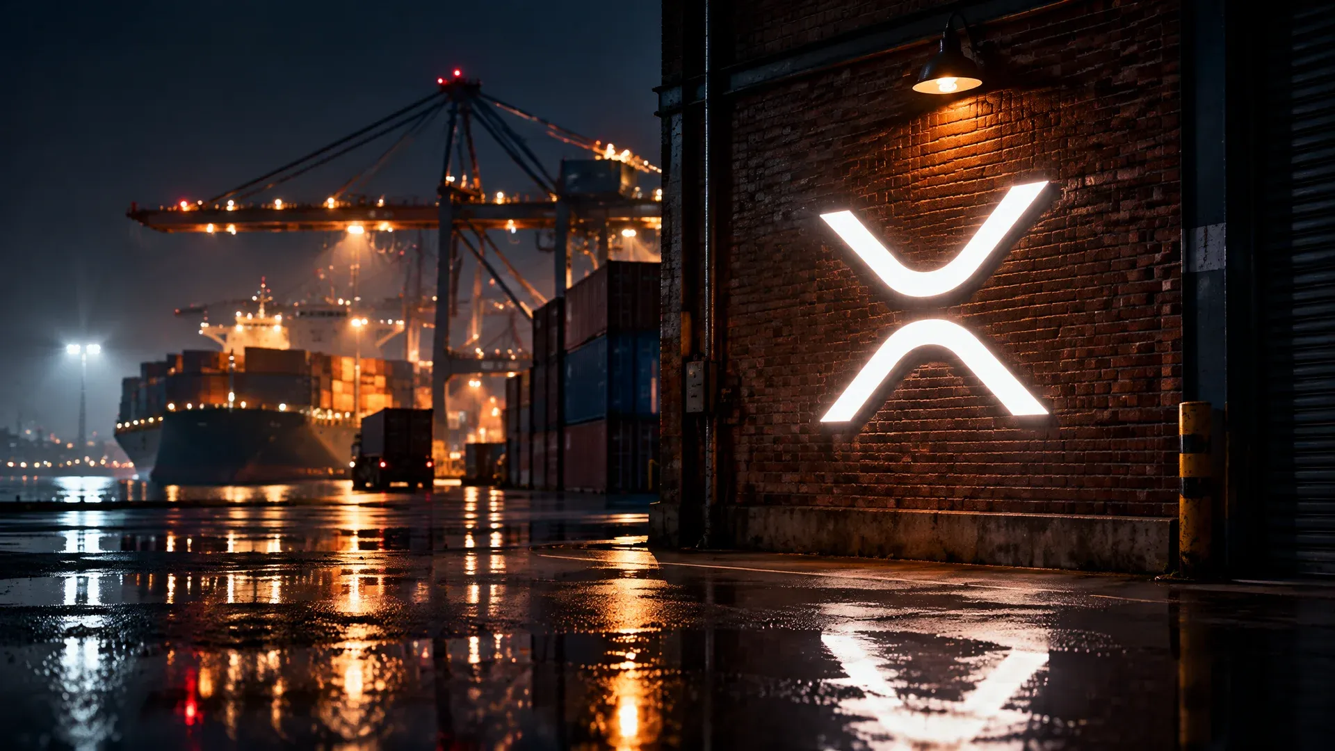 Symbole XRP en néon sur le mur de briques d'un entrepôt portuaire