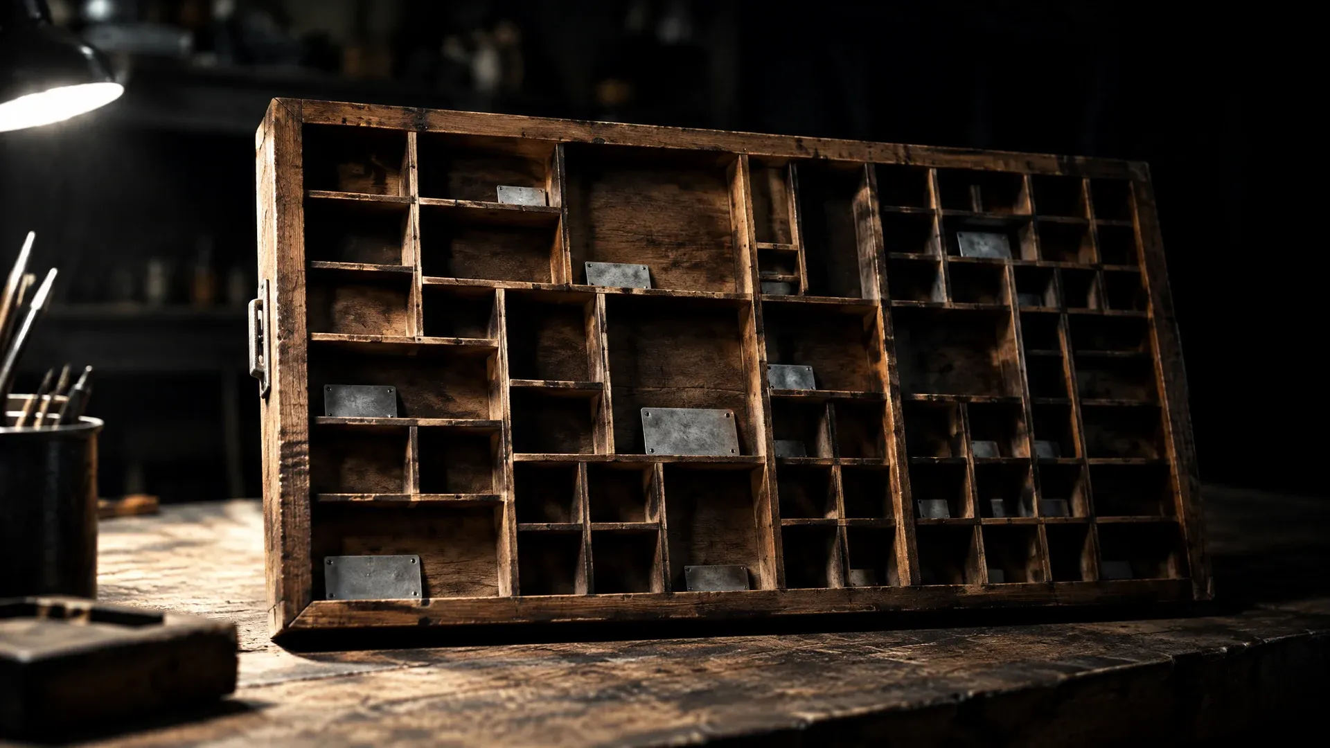 Hölzerner Setzkasten mit vielen unterschiedlich großen Fächern auf einer Werkbank, die meisten Fächer leer, einige mit kleinen unbeschrifteten Metallplättchen