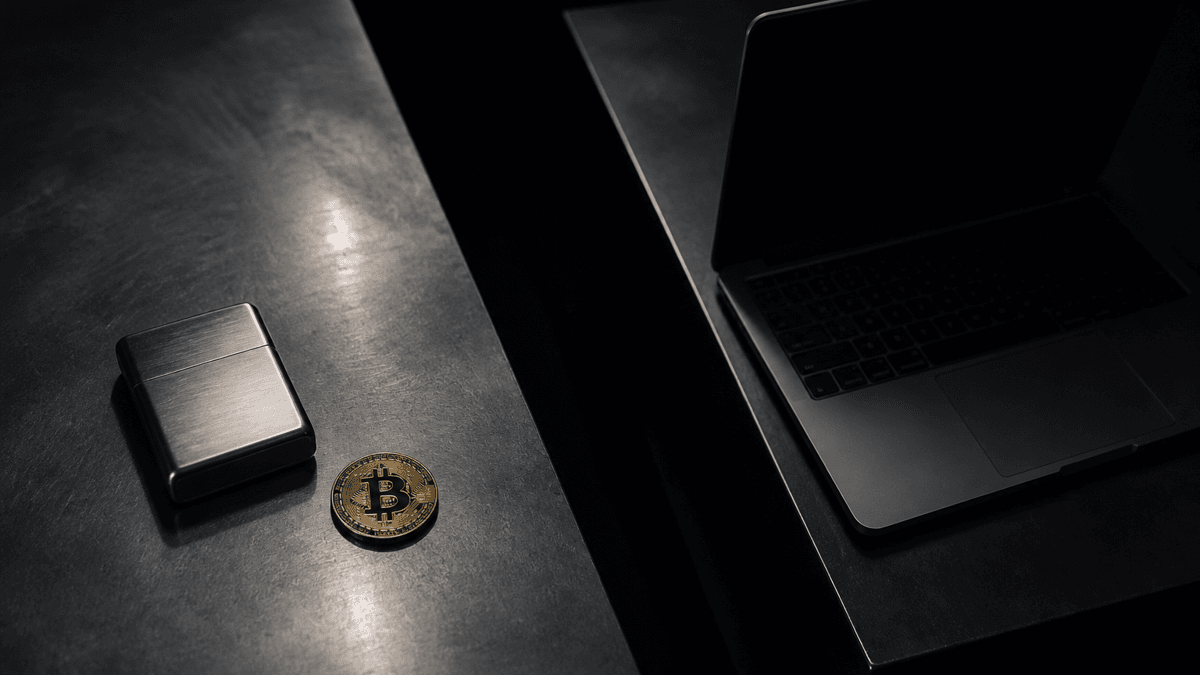 Ein schmuckloses Metallgerät und eine Bitcoin-Münze liegen auf einer hellen Stahlplatte, von einem Laptop durch eine tiefschwarze Kluft im Tisch getrennt.