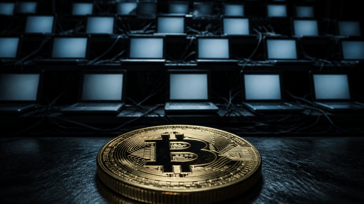 Dutzende identische aufgeklappte Laptops stapeln sich in mehreren Reihen in einer dunklen Kammer, davor liegt groß eine goldene Bitcoin-Münze.