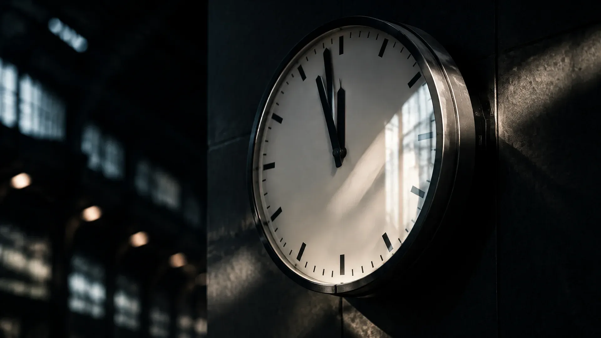 Large round station clock without numerals on a dark hall wall, both hands just short of the top point