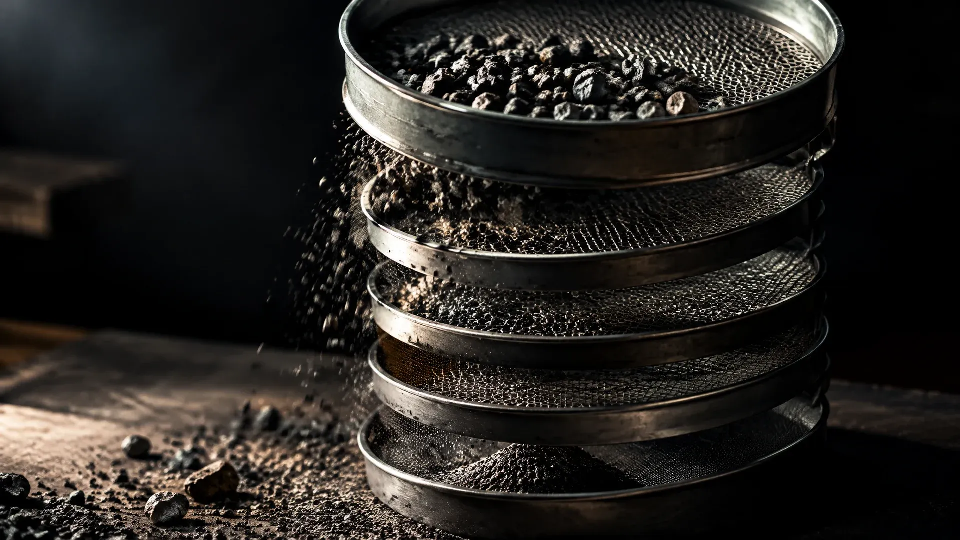 Stack of coarse metal sieves with different mesh sizes on a dark workbench, dark gravel falling through the top sieve