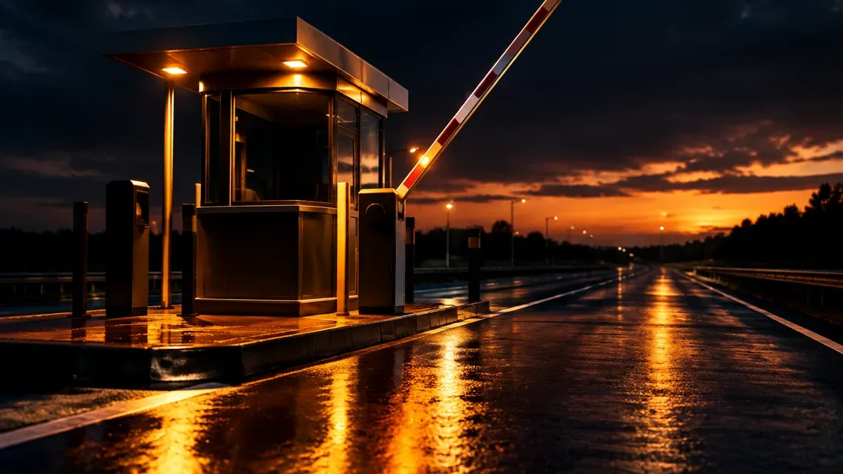 Toll gate on an empty highway at dusk with the barrier raised