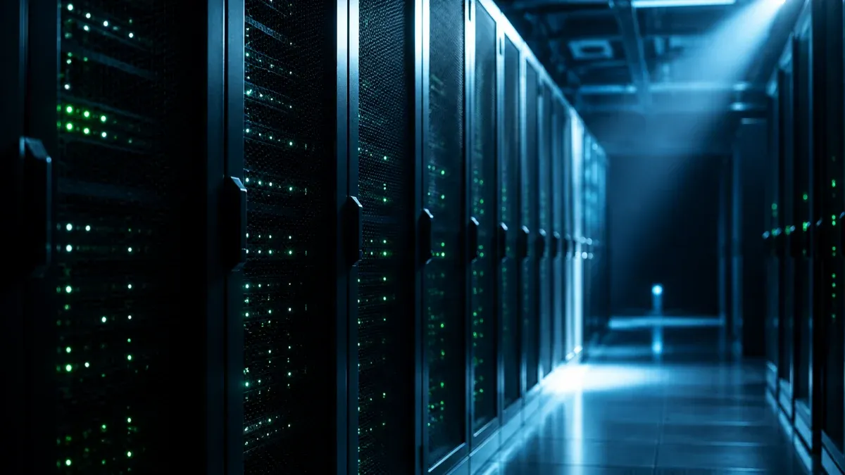 Quiet server hall with rows of racks and small green status lights
