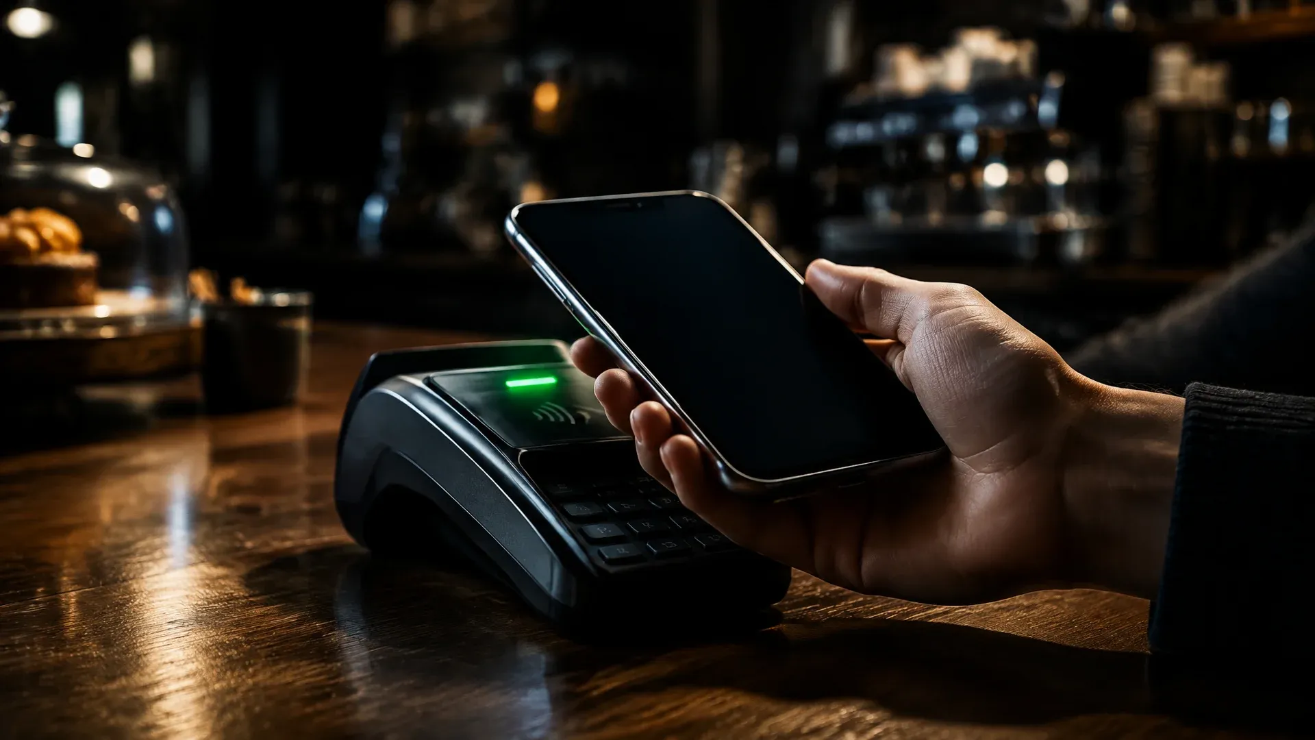 Hand haelt ein Smartphone mit dunklem Display an ein Kartenterminal auf einem Ladentisch, im Terminal leuchtet ein gruenes Bestaetigungslicht