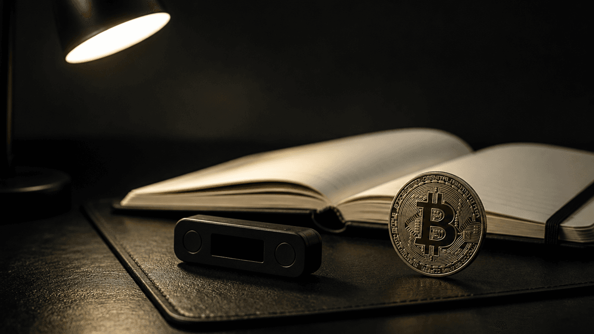 Nächtliche Schreibtischszene mit einer dunklen Hardware-Wallet auf einer Lederunterlage neben einem Notizbuch und einer großen Metallmünze