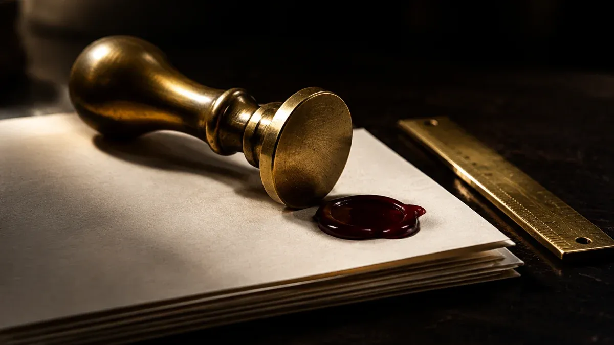 Messingfarbener Siegelstempel und dunkelroter Siegellack auf einem Stapel unbedruckter Aktenbögen