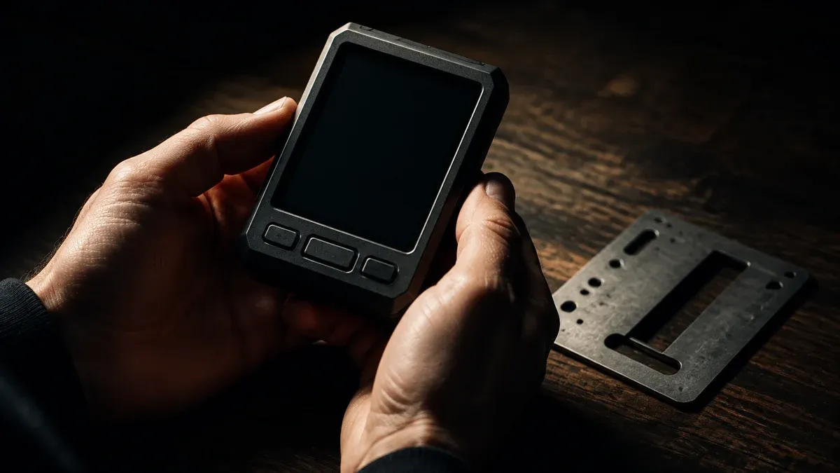 Zwei Hände halten ein markenloses Hardware-Gerät mit dunklem Display über einer Holzplatte, daneben eine gestanzte Metallplatte