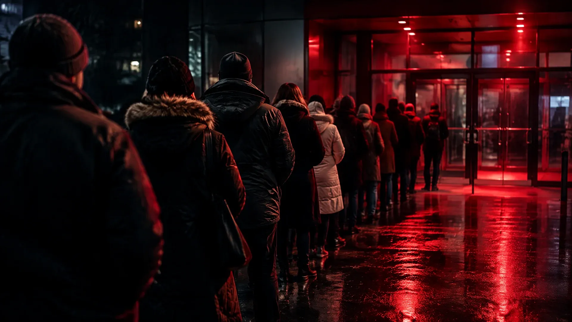 Queue of people at night in front of a closed glass door, red light on wet pavement
