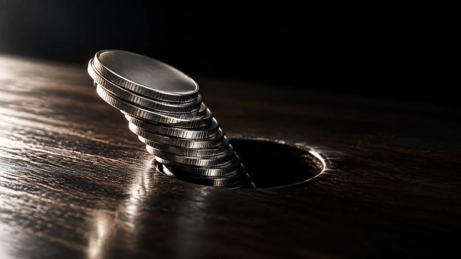 Stack of silver coins sliding into a black hole in a table