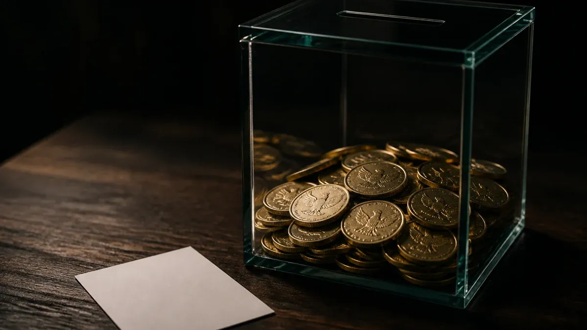 Gläserne Wahlurne mit goldenen Münzen auf einem Holztisch