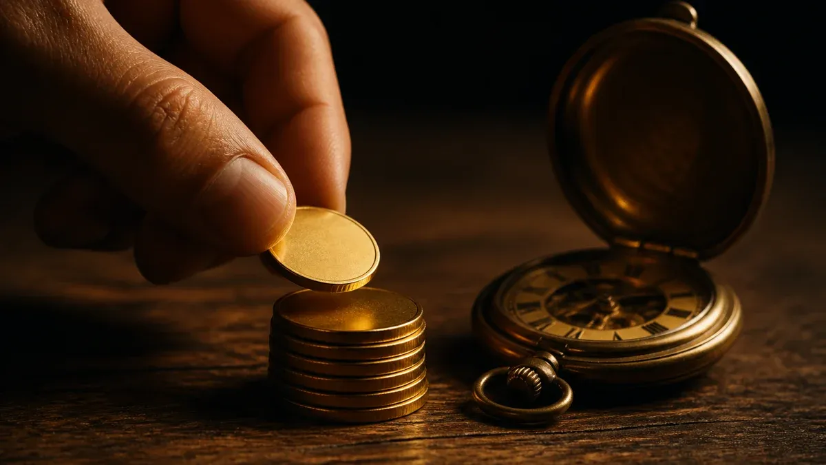 Hand legt eine goldene Münze auf einen Stapel, daneben eine Taschenuhr