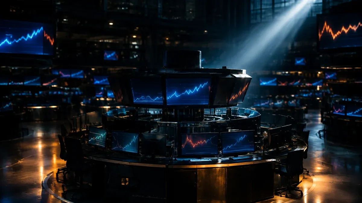 Night-time trading floor with dark screens showing only abstract lines of light