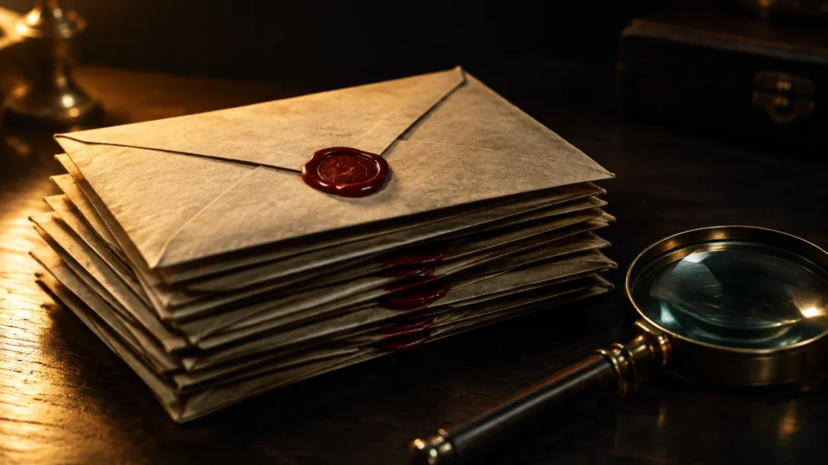 Stack of sealed envelopes with red sealing wax next to a magnifying glass on a dark desk