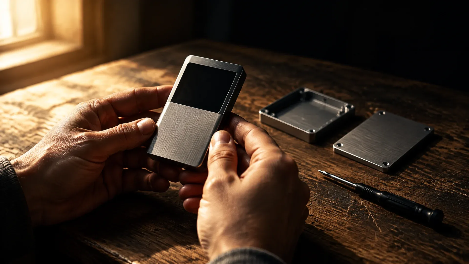 Zwei Hände halten eine markenlose Hardware-Wallet mit dunklem Display über einem Holztisch, daneben ein aufgeschraubtes Metallgehäuse