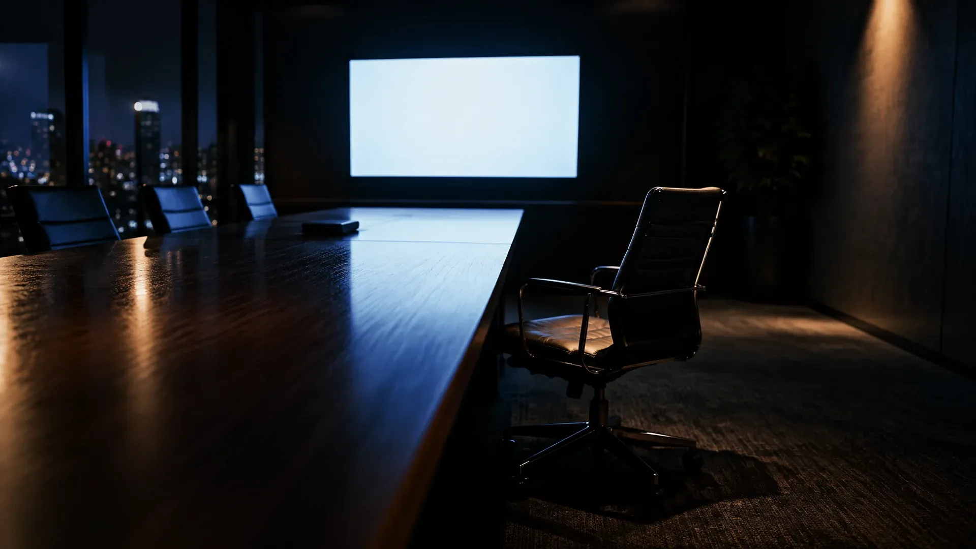Leerer Konferenzraum bei Nacht mit langem Besprechungstisch und einem Wandbildschirm als Lichtfläche