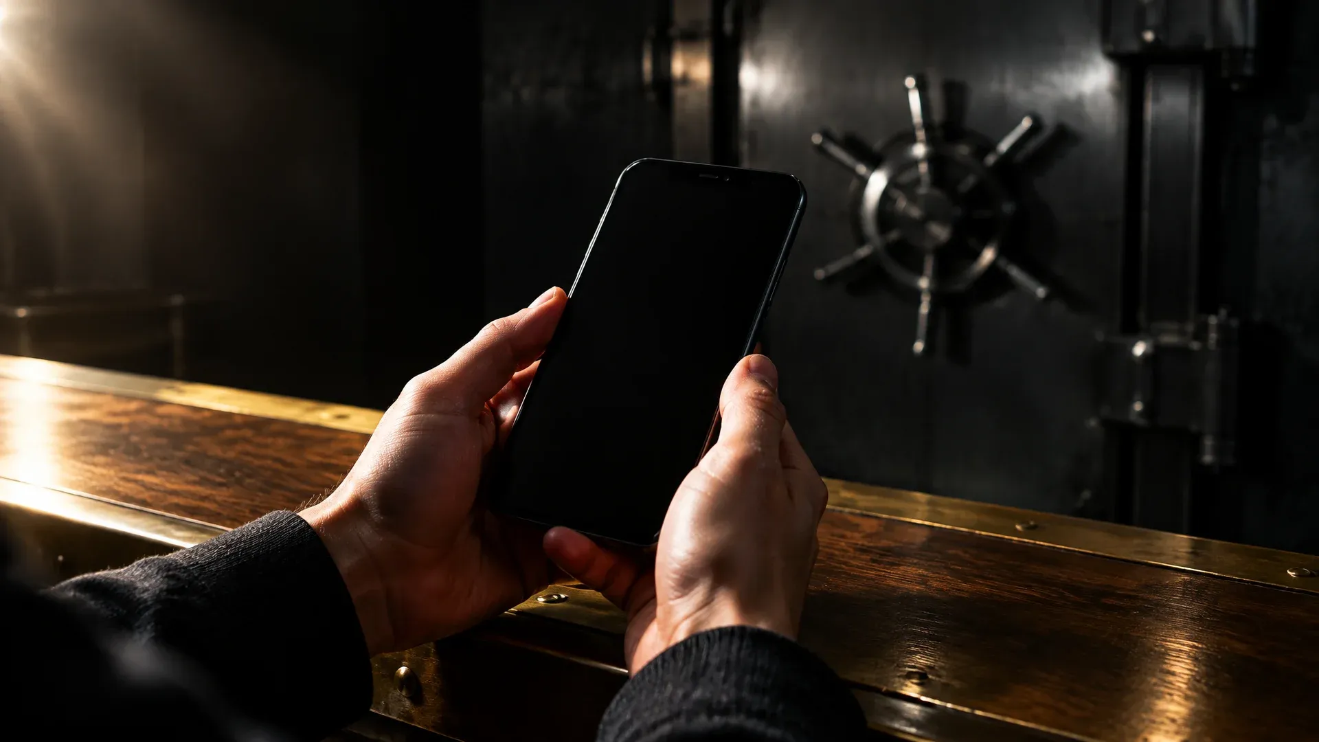 Zwei Hände halten ein Smartphone mit dunklem Display über einer Theke aus Holz und Messing