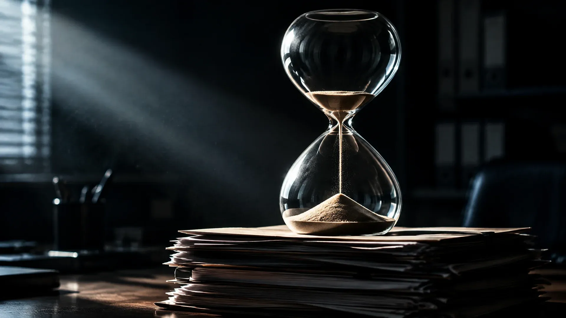 Glass hourglass on a stack of files in a dark office, the sand almost run through