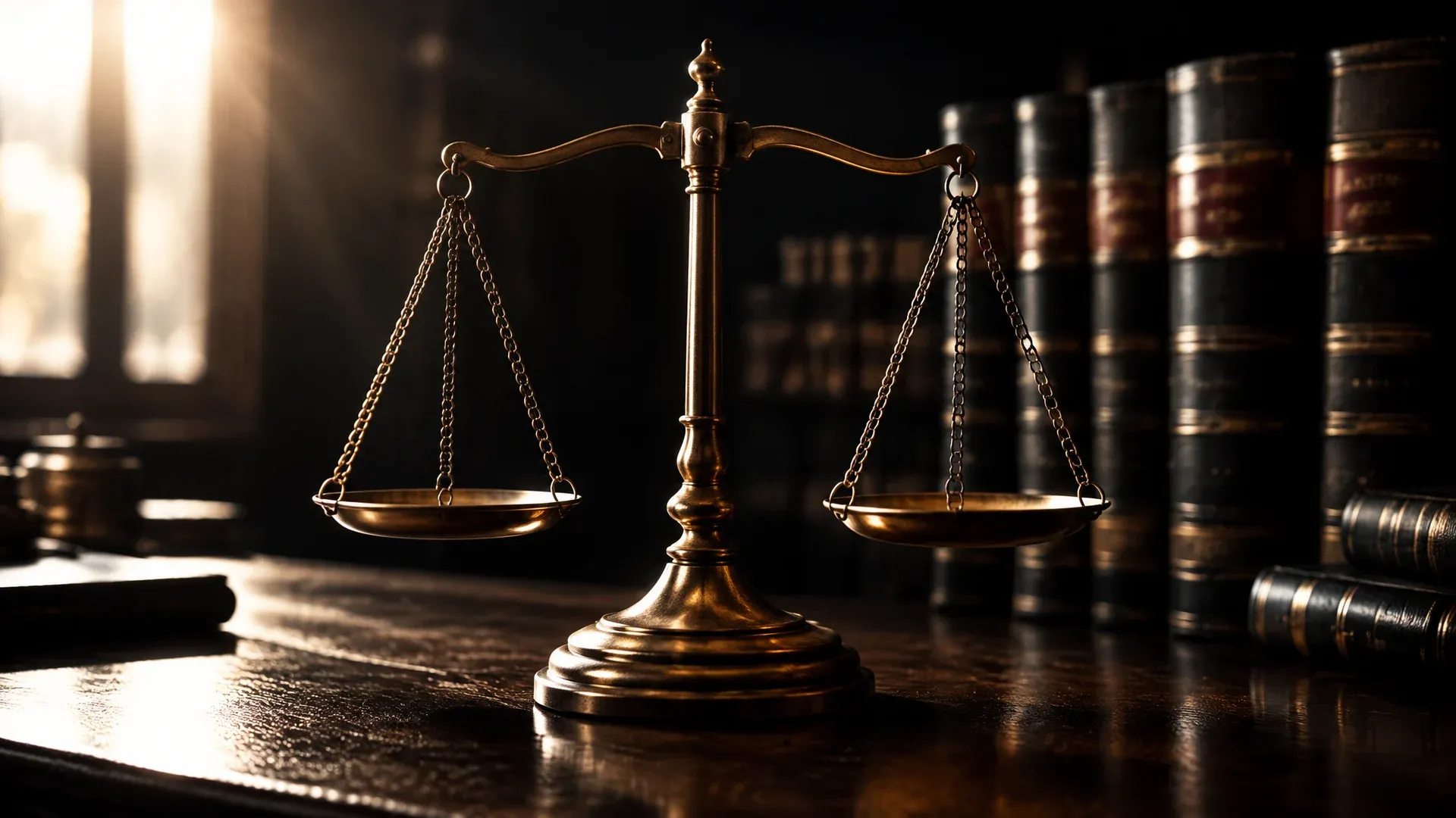 Old brass scales with two empty pans on a desk, bound volumes of statutes behind them against the light
