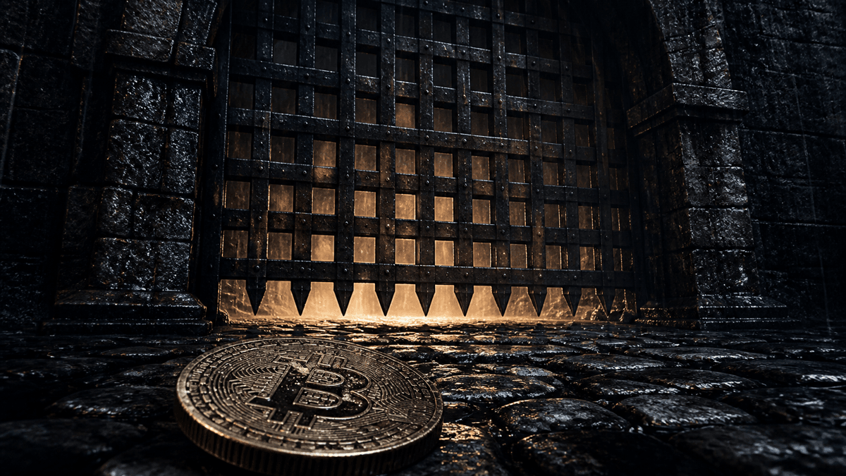 Wrought-iron portcullis lowered almost all the way in a stone archway, warm light behind it, a large coin bearing the Bitcoin symbol on the wet cobblestones in front