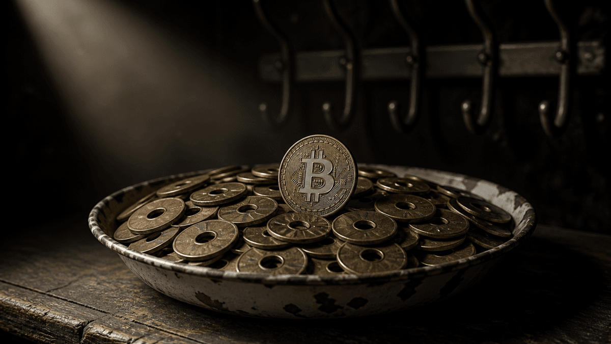 Enamel bowl full of old brass cloakroom tags with holes, a coin bearing the Bitcoin symbol standing upright among them, an empty coat rack behind