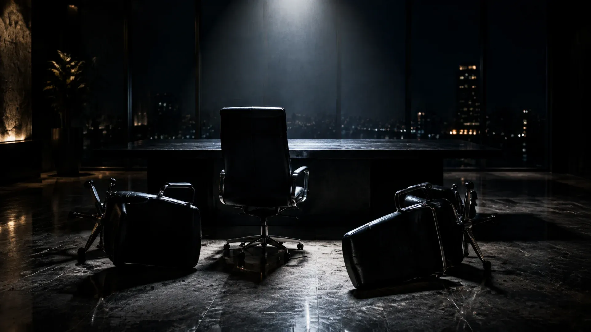 Empty meeting room with three leather chairs in front of a conference table, two of them knocked over