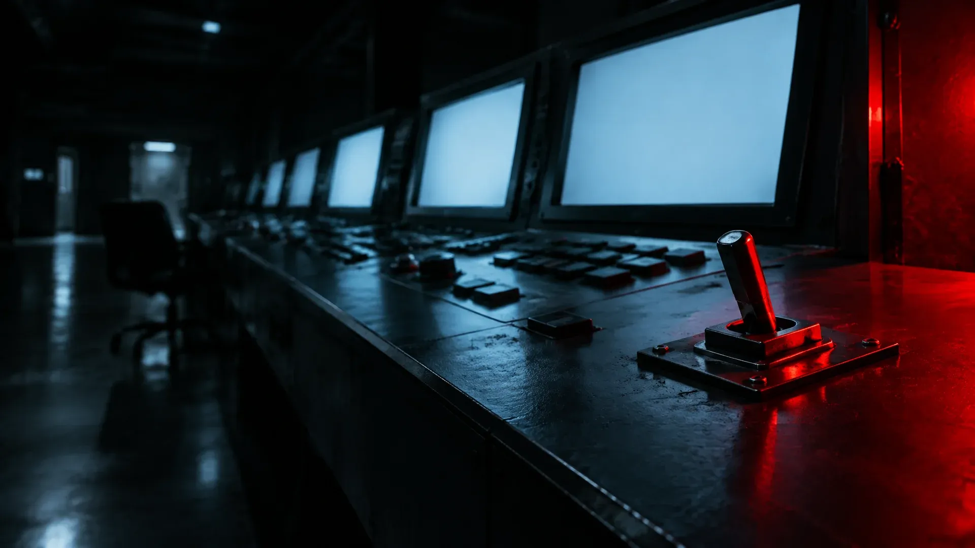 Abandoned control room with a console, blank screens and an open toggle switch