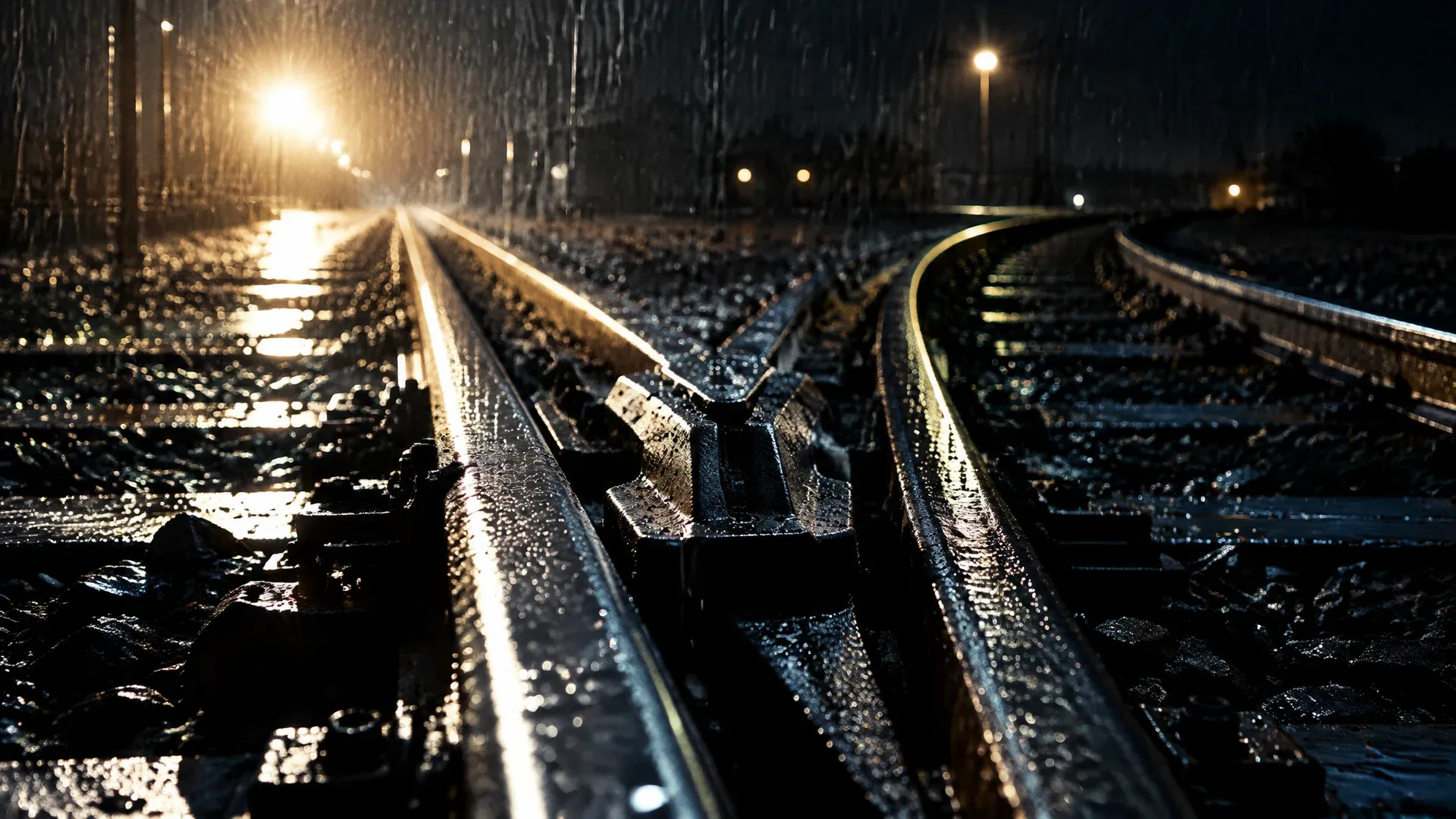 Nächtliche Gleisanlage im Regen, eine schwere stählerne Weiche steht auf Abzweig, zwei Schienenstränge laufen auseinander