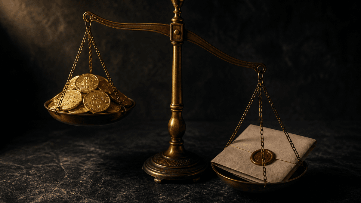 Messing-Balkenwaage mit einem Haufen physischer Goldmünzen in der linken und einem gesiegelten Dokument in der tiefer hängenden rechten Schale
