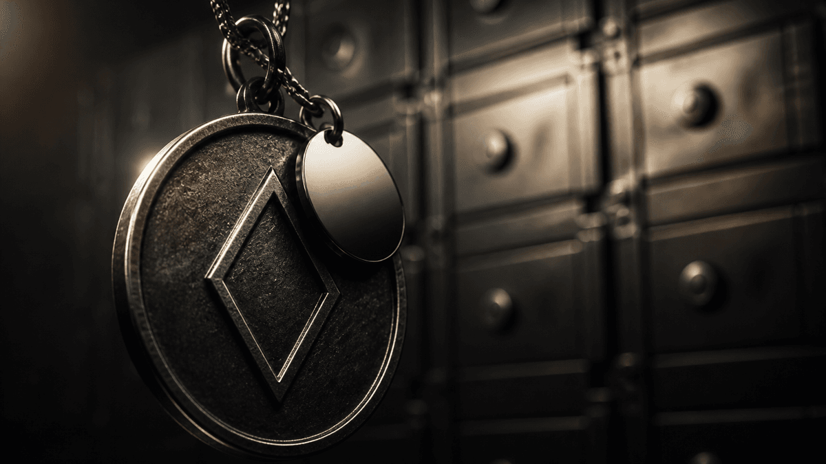 Empty metal tag on a chain hanging from a large coin bearing a diamond-shaped symbol in front of a blurred wall of safe deposit boxes