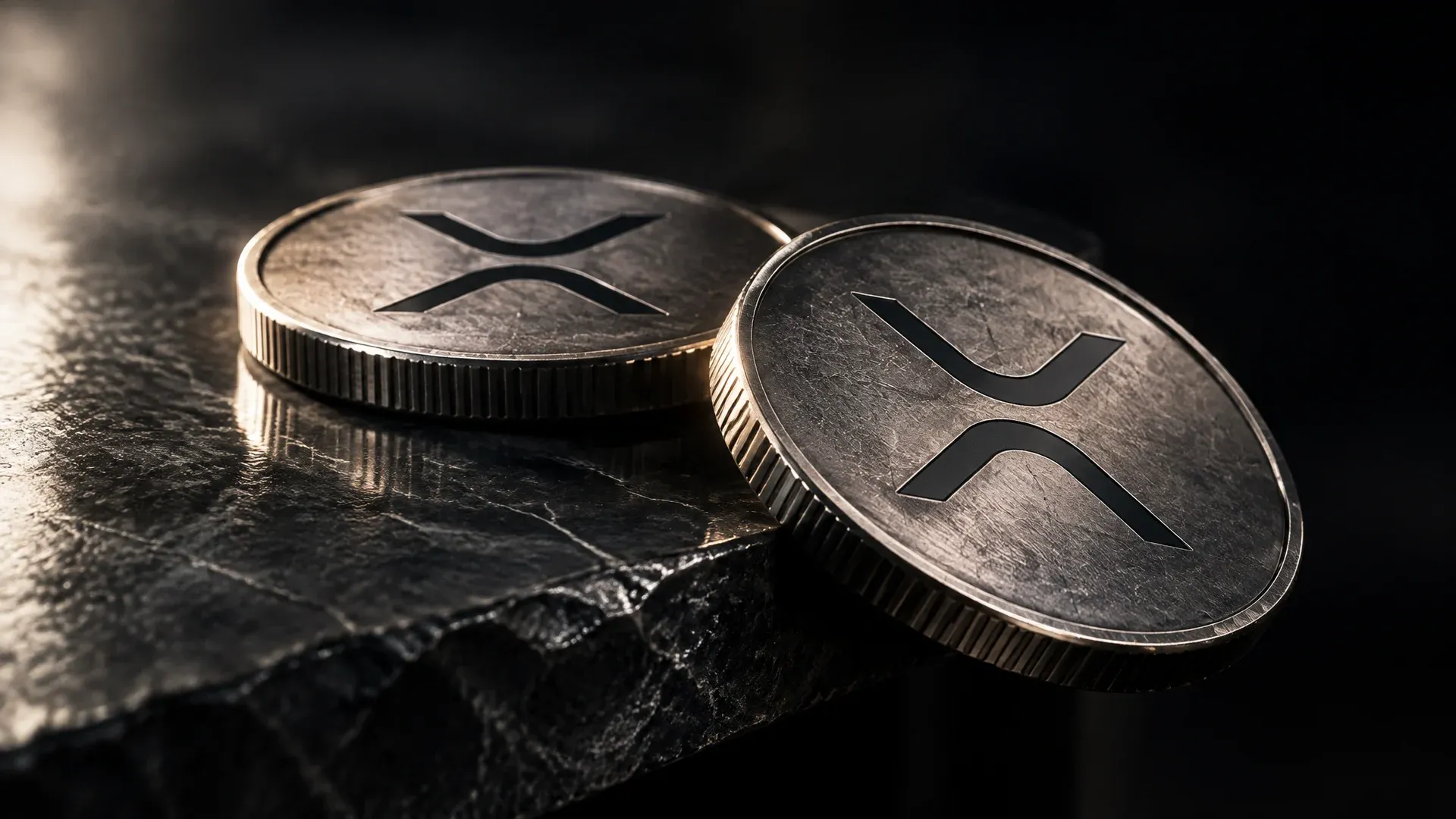 Zwei schwere Metallmünzen mit dem XRP-Zeichen auf einer dunklen Schieferplatte, eine davon halb über die Kante geschoben