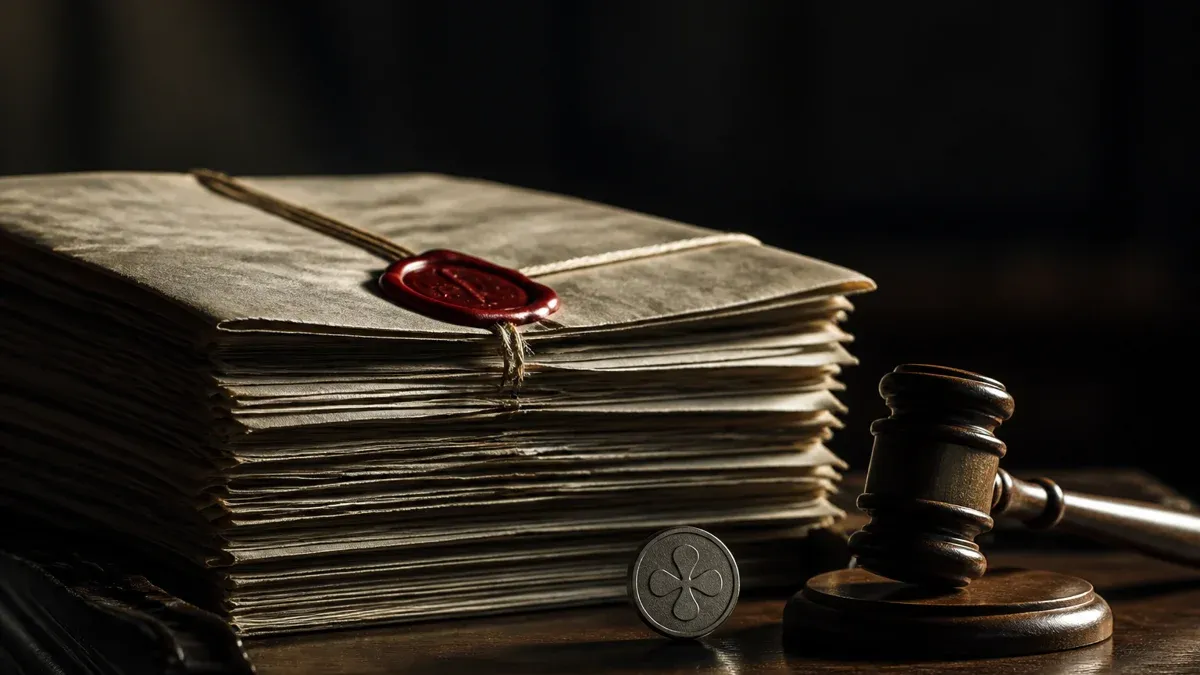 Sealed stack of files next to a judge's gavel and a silver coin on a dark wooden desk