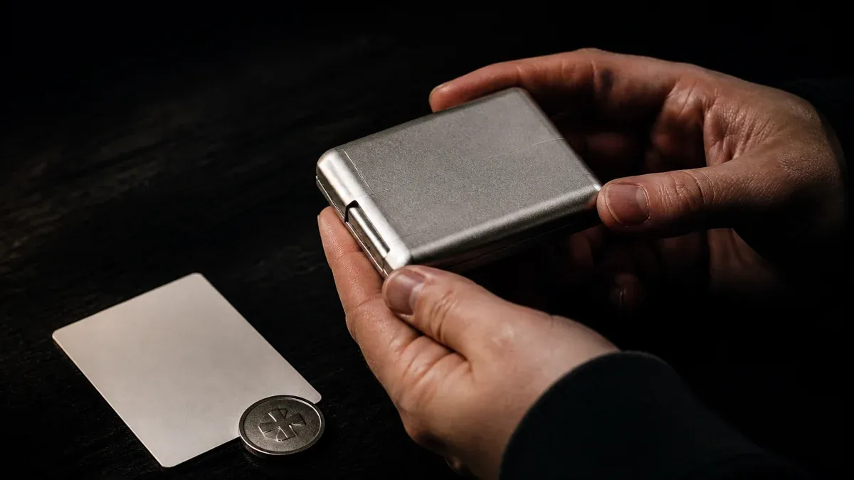 Hands holding a silver hardware wallet above a desk, with a coin lying beside it