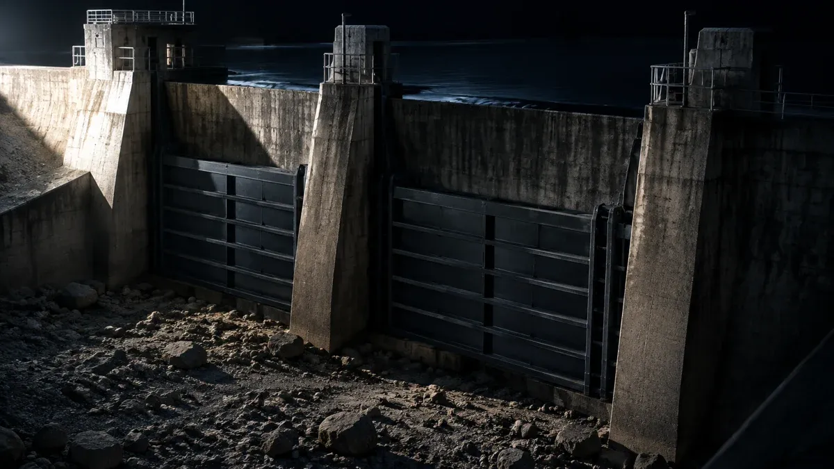 A concrete weir at night with its steel gates fully closed, the water standing high behind it and the river bed lying dry in front