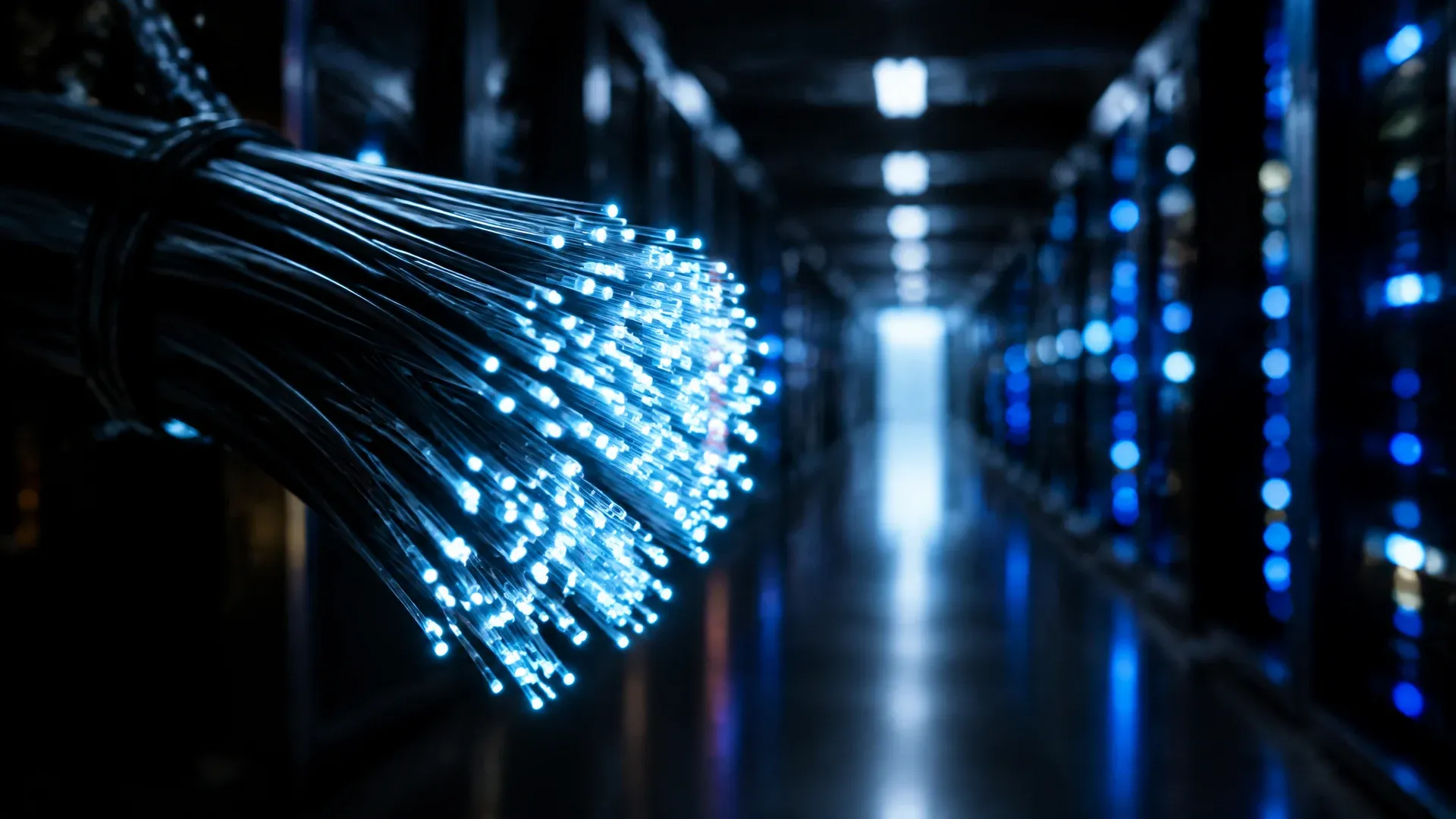 Buendel aus Glasfaserkabeln im Gegenlicht vor der unscharfen Flucht eines Serverganges