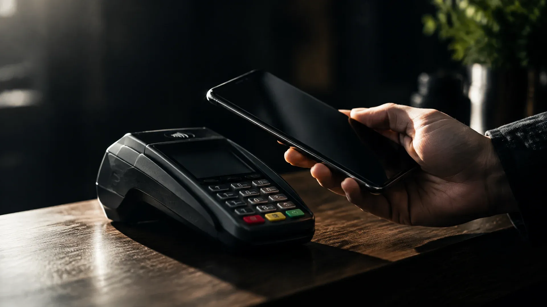 Hand hält ein markenloses Smartphone mit dunklem Display an ein Kartenterminal auf einer Ladentheke
