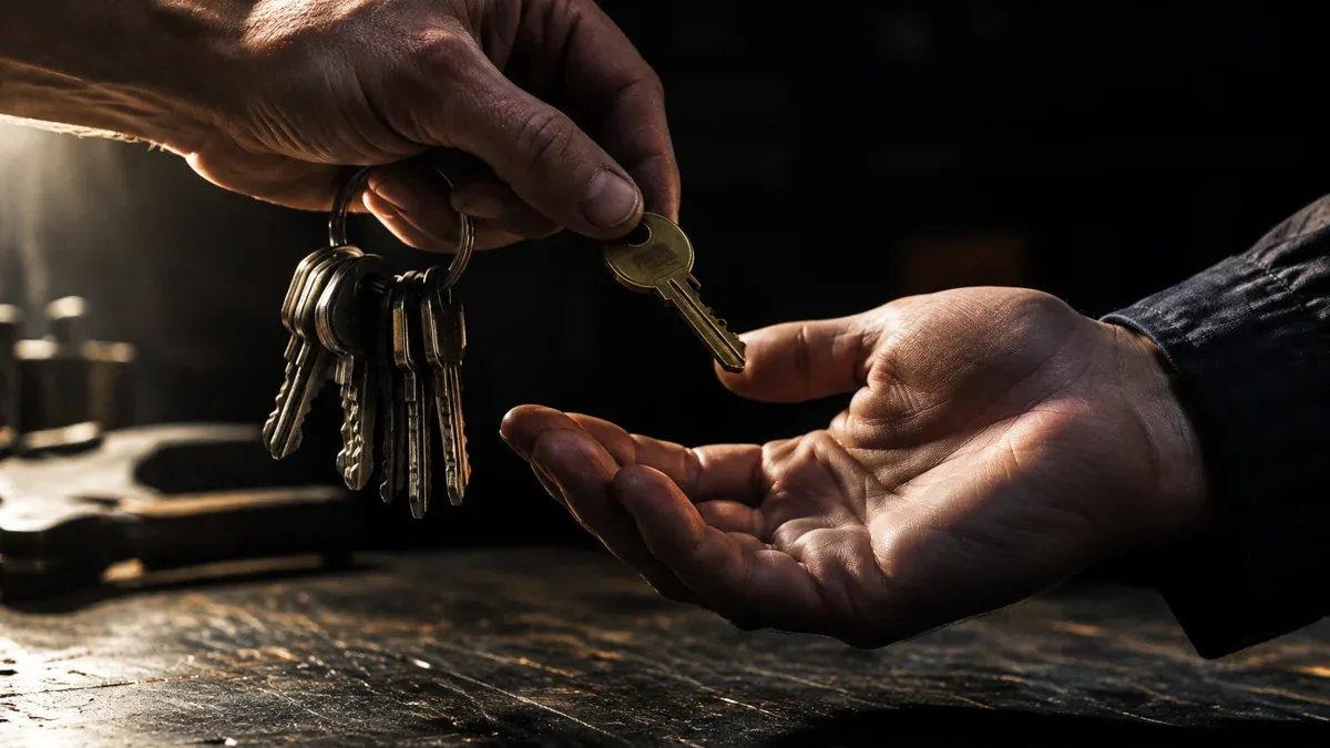 Eine Hand loest einen einzelnen Messingschluessel vom Schluesselbund und legt ihn in die offene Hand eines Zweiten