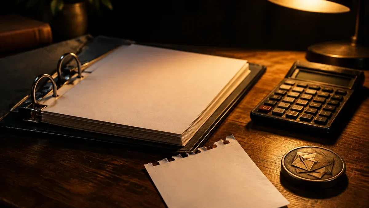 A desk with an open ring binder, a pocket calculator, a torn-off calendar page without numerals and a metal coin under lamplight