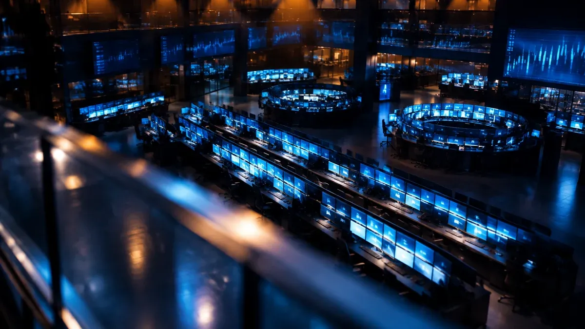 A deserted trading floor at night seen from above, with long rows of glowing screens showing no readable content