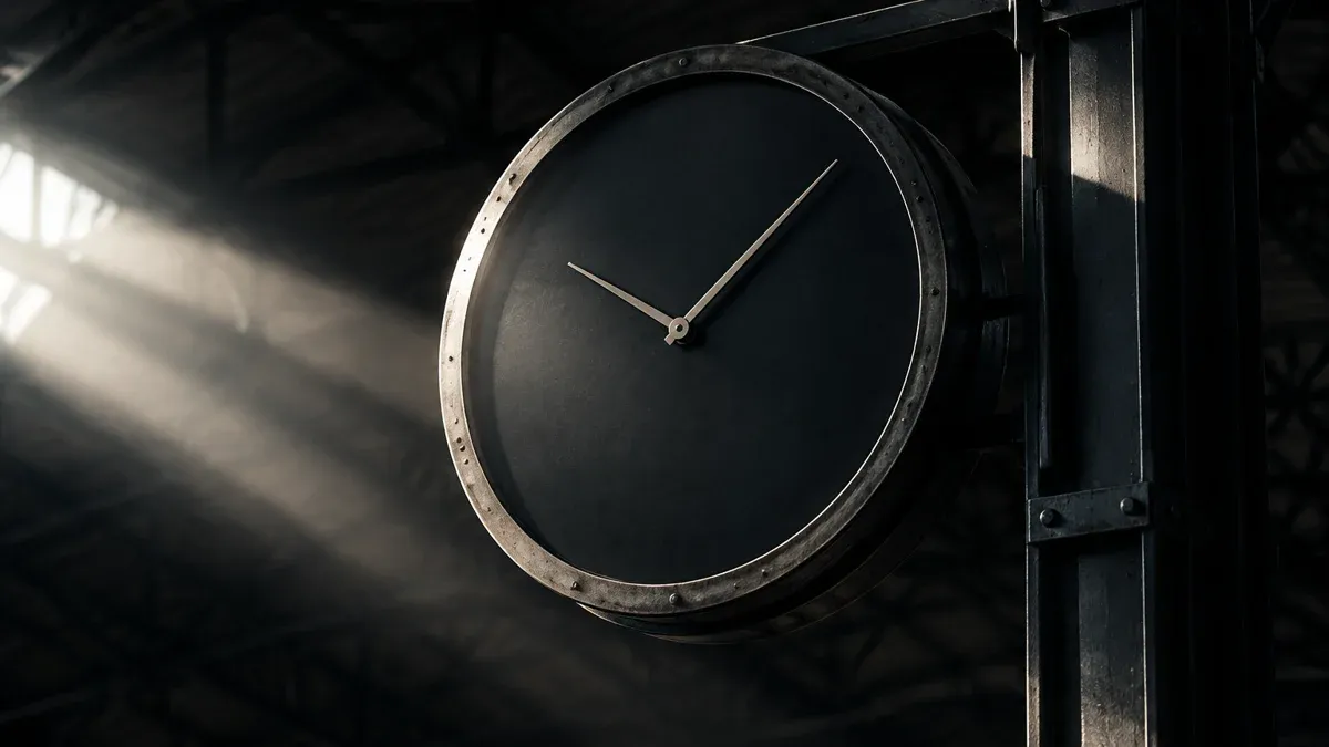 Grosse Bahnhofsuhr aus Metall ohne Ziffern unter einem dunklen Hallendach