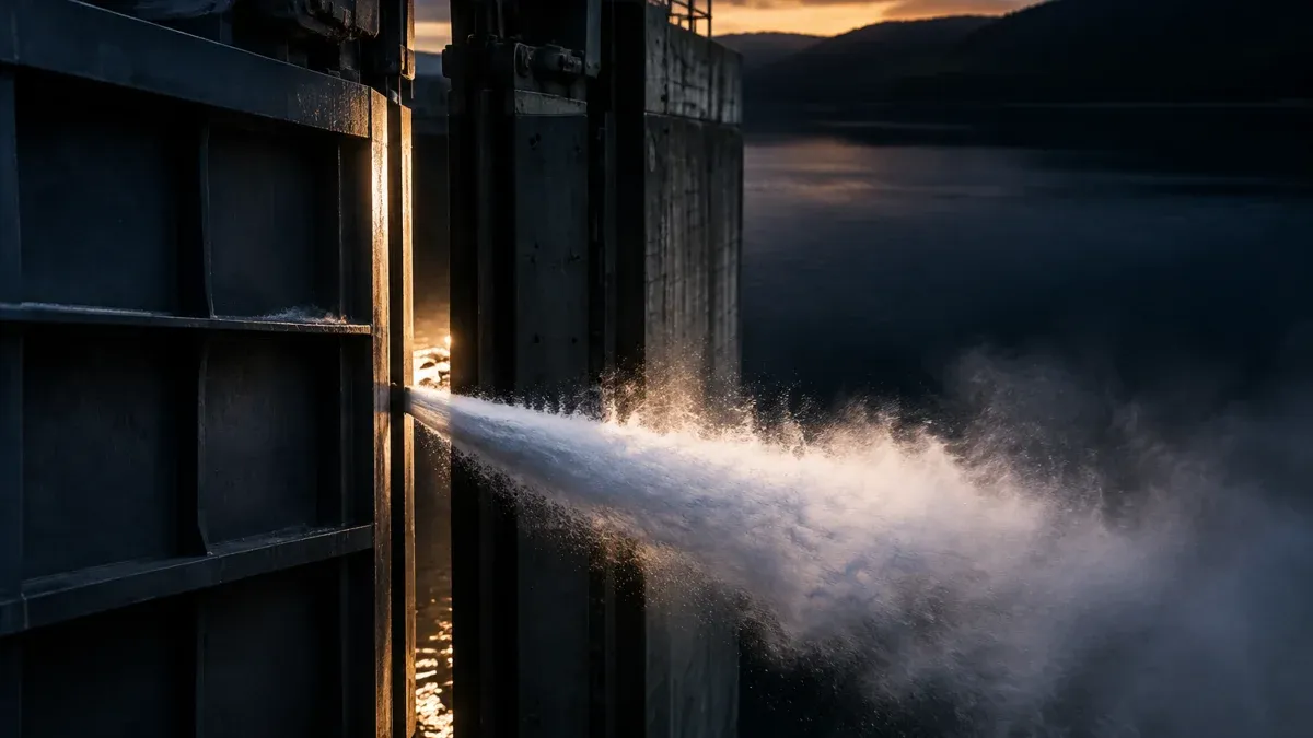 Halb geoeffnete Stahlschleuse eines Stauwerks in der Daemmerung, ein schmaler Wasserstrahl schiesst unter Druck durch den Spalt und zerstaeubt zu Nebel