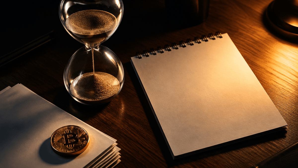 Nächtliche Schreibtischszene mit rinnender Sanduhr, leerem Kalenderblatt und einer Münze auf einem Stapel unbeschriebener Formulare