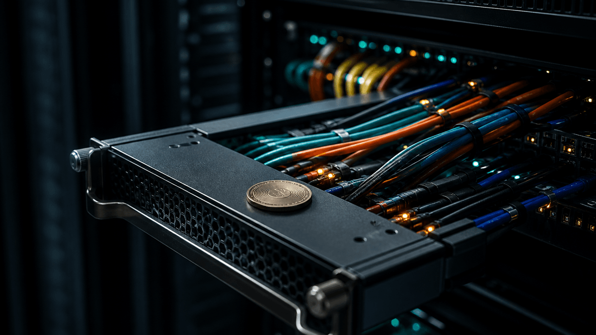 Halb herausgezogener Einschub in einem dunklen Serverschrank mit Netzwerkkabeln und Kontrollleuchten, davor eine flach liegende Metallmünze