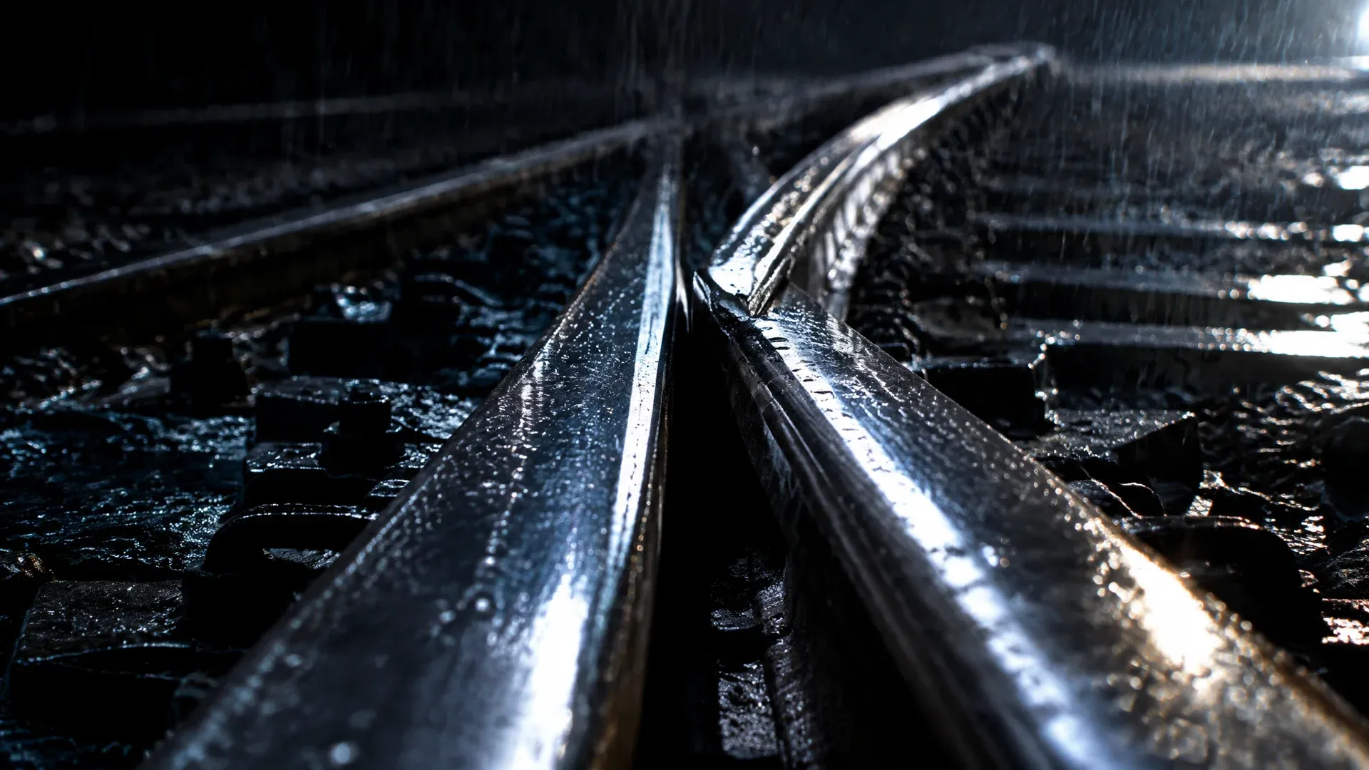 Steel railway points at night in the rain, two polished rails touching at the tip of the switch blade
