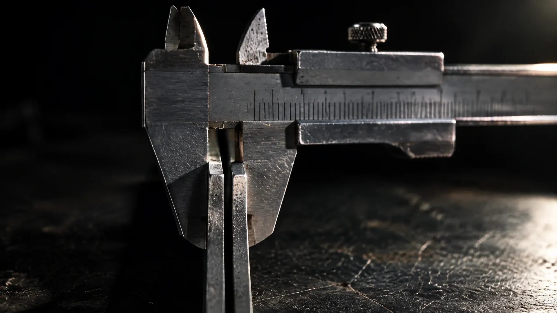 Heavy steel calliper on a dark workbench, its jaws closed around a very narrow gap between two metal plates