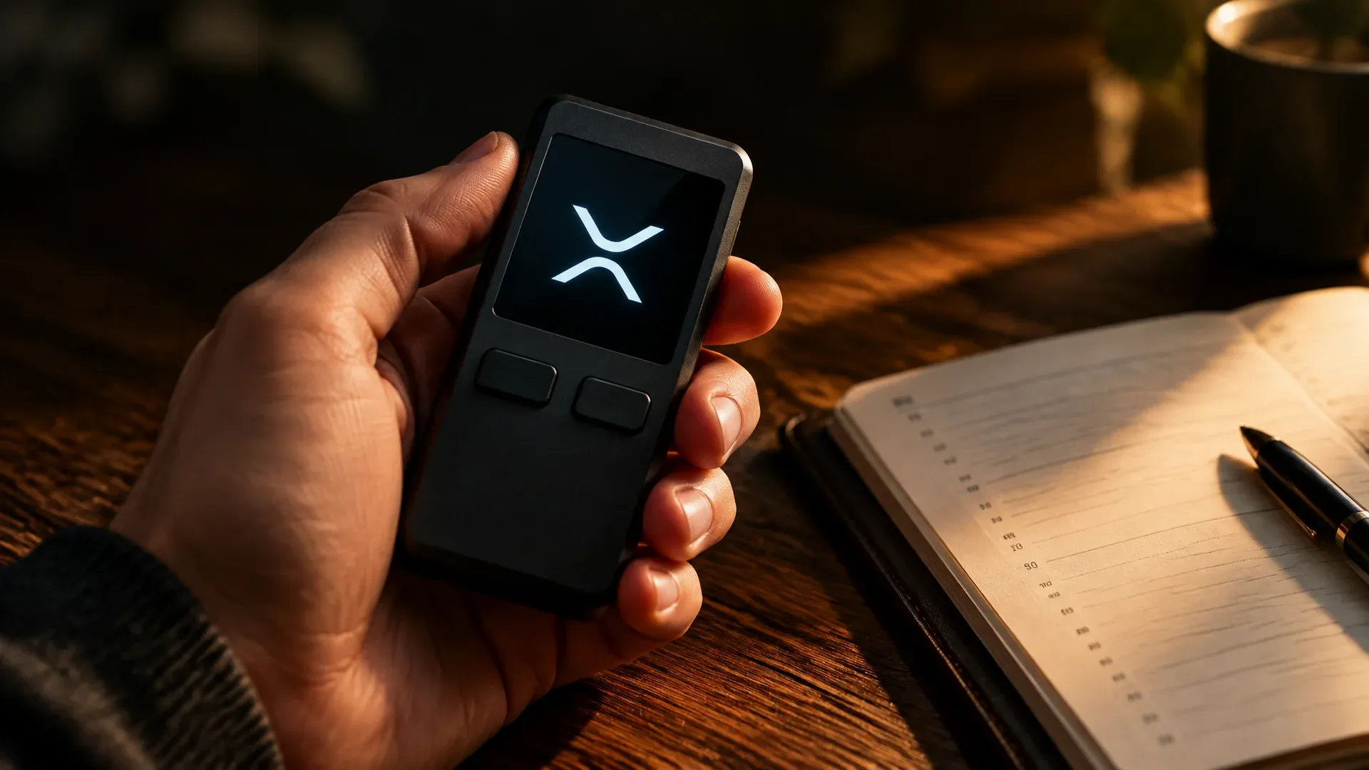 Unbranded dark hardware wallet held in a hand above a wooden table, the XRP symbol glowing on the display, an open calendar beside it