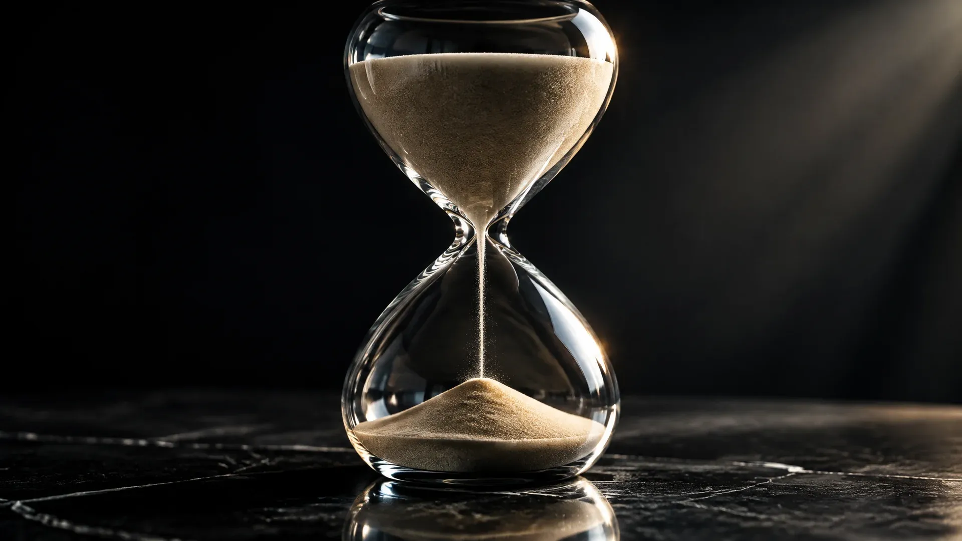 Große Sanduhr aus dickem Glas auf dunkler Steinplatte, der obere Trichter noch fast voll, ein feiner Sandstrahl rinnt nach unten